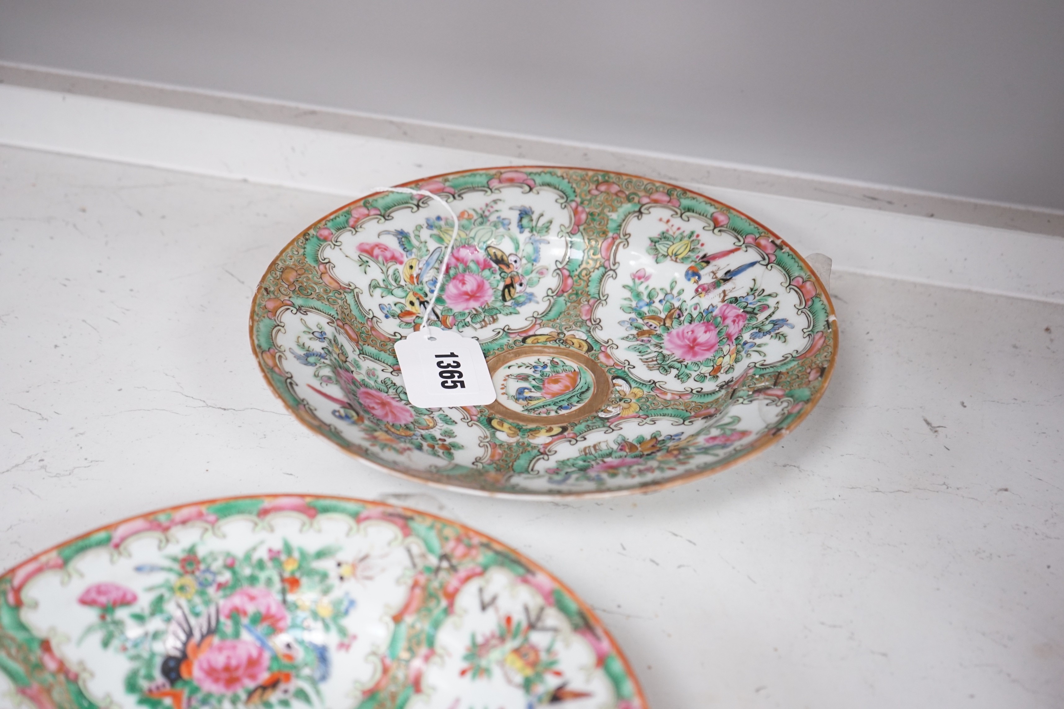 A group of 19th century Chinese famille rose - two plates, a square dish and a box and cover and two blue and white small vases